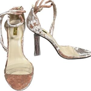 Qupid pink crushed velvet 4” square glitter heels. Clear ,sheer at toes,EC ,box